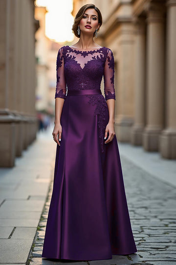 Purple A-Line Satin Appliqued Mother Of The Bride Dress